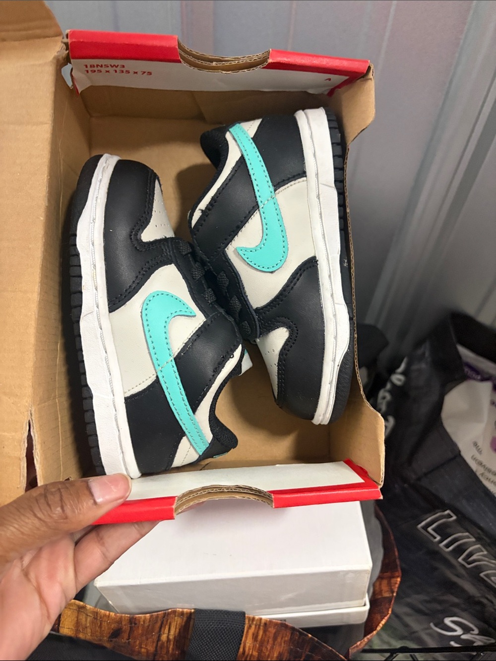 Nike Kids Black White Sneakers with Teal Swoosh